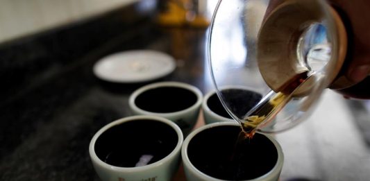 Fotografía del 01 de febrero de 2020 que muestra a un hombre mientras sirve café geisha en la finca Elida Estate de la familia Lamastus en la provincia de Chiriquí (Panamá).