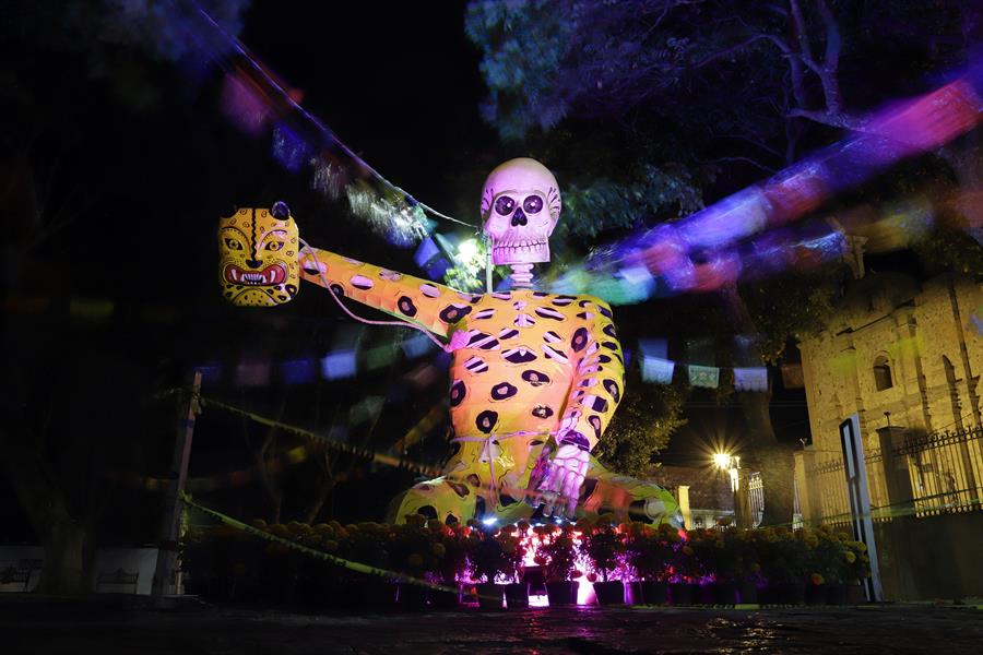 Visitantes observan una figura de calavera gigante (4)