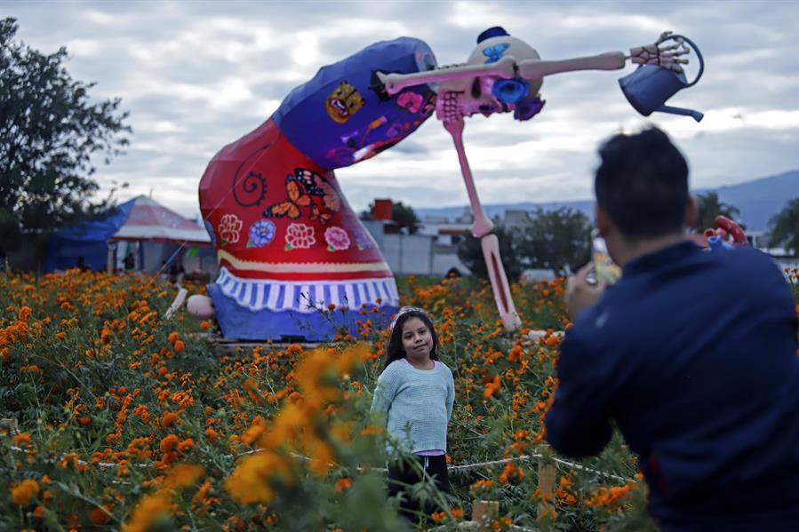 Visitantes observan una figura de calavera gigante (4)