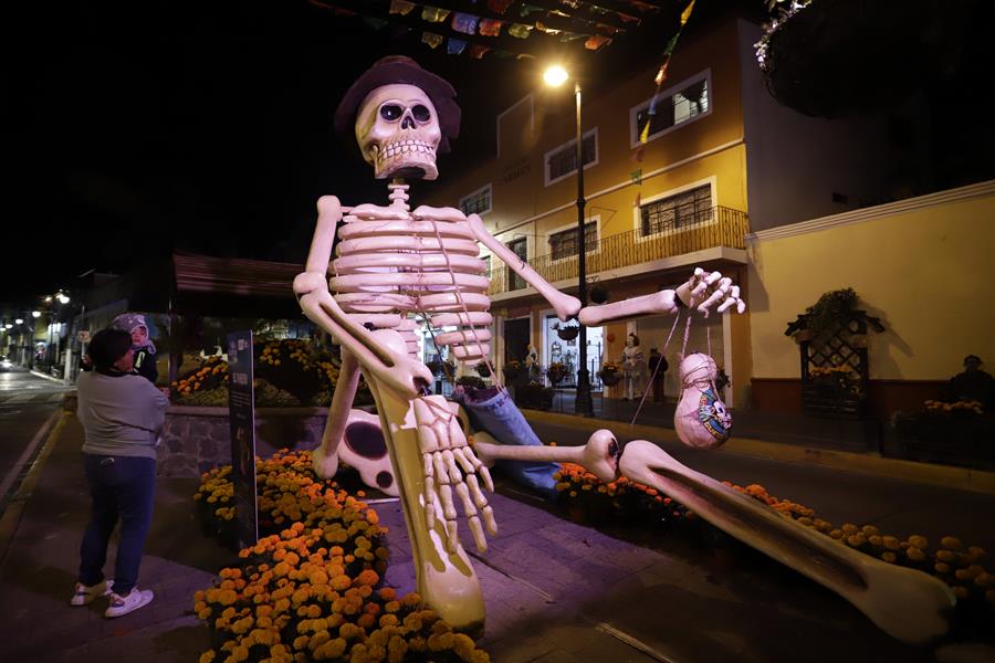 Visitantes observan una figura de calavera gigante (4)