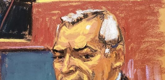 Reproducción fotográfica de un dibujo realizado por la artista Jane Rosenberg donde aparece el ex secretario de Seguridad Pública mexicano, Genaro García Luna