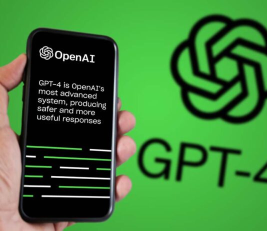 Hand holding a phone with the OpenAI GPT-4 website on the screen