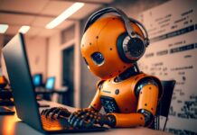 El Senado de California aprueba un proyecto de ley sobre la IA que divide a Silicon Valley Adorable humanoid robot working on laptop, Generative AI