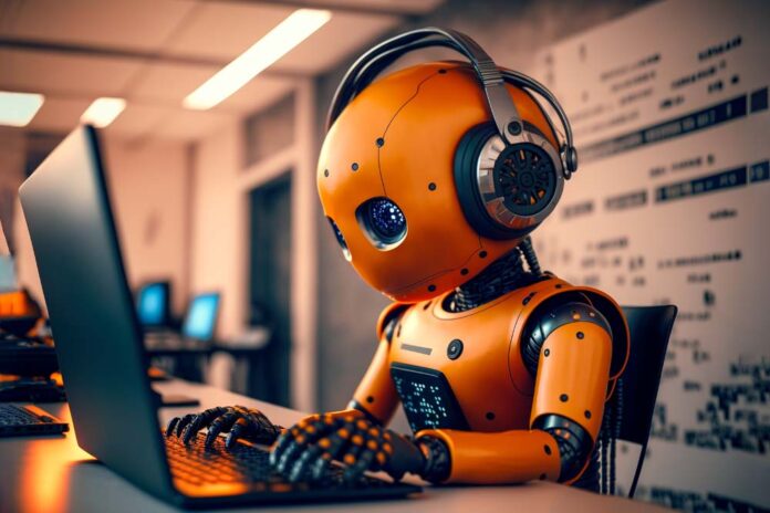 Adorable humanoid robot working on laptop, Generative AI Adorable humanoid robot working on laptop, Generative AI