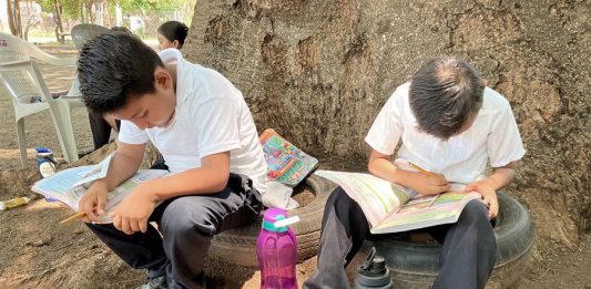 Alumnos tomas clases en el patio de una primaria debido al intenso calor
