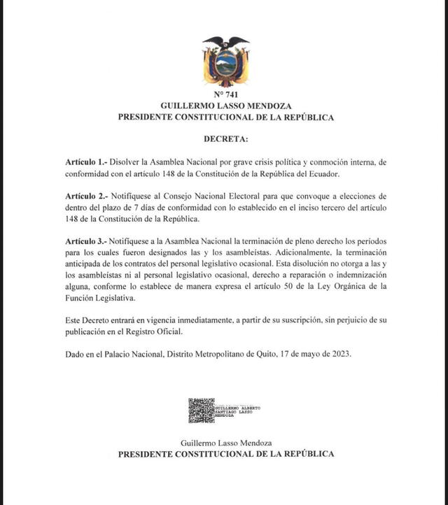 Decreto hist&oacute;rico, por el cual el presidente constitucional Guillermo Lasso disolvi&oacute; a la Asamblea Nacional, &oacute;rgano legislativo del pa&iacute;s andinoamericano, mediante el recurso legal conocido como Muerte Cruzada.