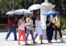 Personas se protegen del sol con sombrillas