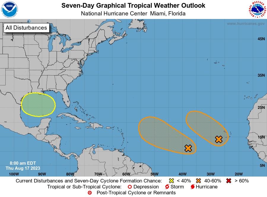 Dos sistemas con lluvias y tormentas eléctricas que se registran en el centro y oeste del Atlántico podrían convertirse en depresiones tropicales