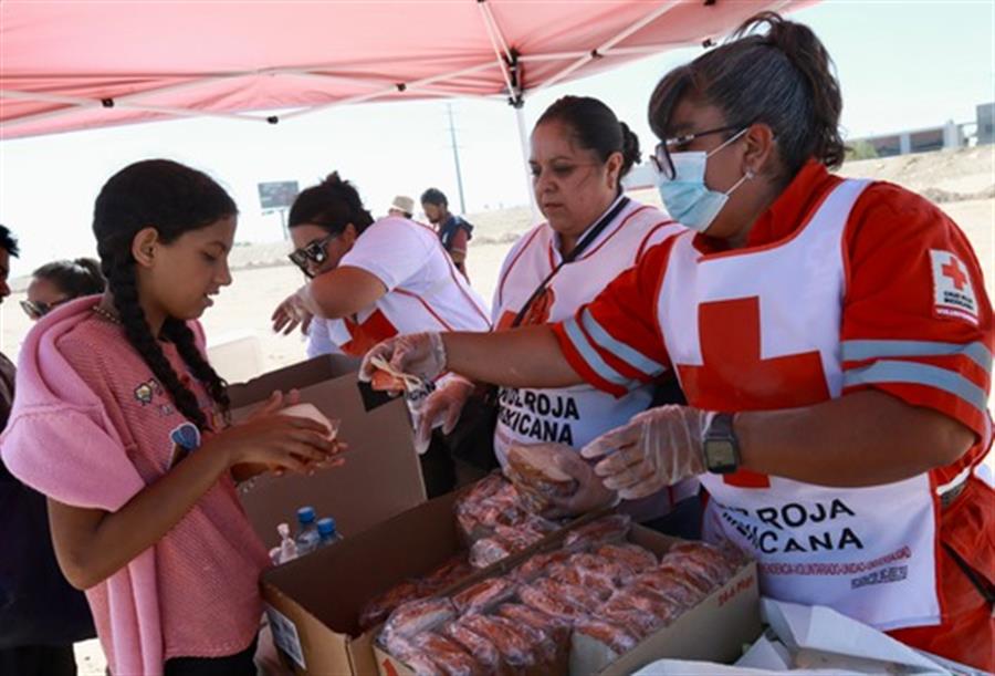 Una voluntaria de la Cruz Roja reparte alimentos a migrantes hoy, en Ciudad Ju&aacute;rez (2)