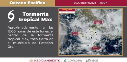 La tormenta tropical Max tocó tierra este lunes en Guerrero, estado del sur de México, donde causará lluvias "intensas con puntuales torrenciales", rachas de viento y oleaje en las costas, según informó el Servicio Meteorológico Nacional (SMN).