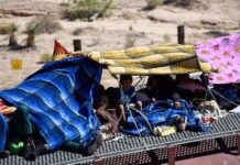 Una familia de migrantes viaja hoy sobre el tren conocido como La Bestia