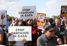 Una protesta dentro y fuera del Capitolio pide el alto el fuego en Gaza protesta dentro y fuera del Capitolio.