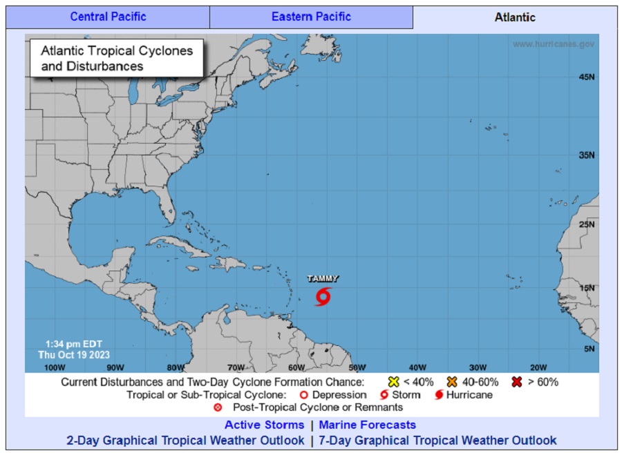 tormenta tropical Tammy La tormenta tropical Tammy se fortalece y amenaza en un plazo de dos días como huracán a Guadalupe y con fuertes lluvias a Barbados, Dominica, Martinica, Antigua, Barbuda, Montserrat, San Critóbal y Nieves, informó este jueves el Centro Nacional de Huracanes (NHC, en inglés).