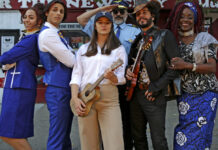 De izquierda a derecha Ava Jones, Gabriel Winkler, Abby Gumpper, Youssef Alaoui, Edwin Vázquez, y la reina Koleurz Koluchi. Foto Omar Villegas.
