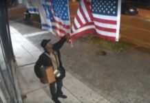 persona no identificada arrancó una bandera estadounidense que colgaba al lado de una de Israel en la fachada de Bagel Time Café, ubicada en un área de Miami Beach de numerosa población judía.