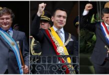 los presidentes de Argentina, Javier Milei (i), de Ecuador, Daniel Noboa (c) y de Paraguay, Santiago Peña.