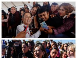 Fotografías donde se observa a las candidatas a la presidencia de México, Claudia Sheinbaum (arriba), por el oficialista Morena y a Xochitl Gálvez (abajo), por el opositor Frente Amplio por México, durante actos de campaña en la Ciudad de México.