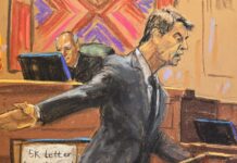Reproducción fotográfica de un dibujo realizado por la artista Jane Rosenberg donde aparece el abogado de la defensa del expresidente de Honduras Juan Orlando Hernández.