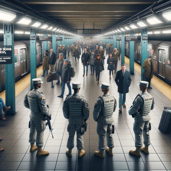El plan de la gobernadora Hochul contempla el despliegue de 1.000 efectivos adicionales entre policías del estado de Nueva York, la Guardia Nacional de Nueva York y el Departamento de Policía de la MTA para apoyar los controles de equipaje del NYPD en áreas de alto tráfico. (Foto ilustativa creada por IA)