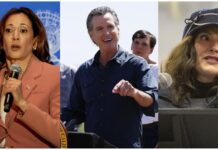 Kamala Harris (i), y los gobernadores de California, Gavin Newsom (c), y de Míchigan, Gretchen Whitmer.
