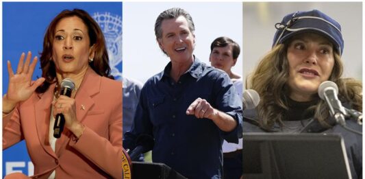 Kamala Harris (i), y los gobernadores de California, Gavin Newsom (c), y de Míchigan, Gretchen Whitmer.
