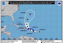 el pronóstico de cinco días de la trayectoria de la tormenta tropical Ernesto en el Atlántico.