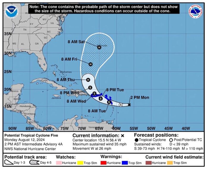 el pronóstico de cinco días de la trayectoria de la tormenta tropical Ernesto en el Atlántico.