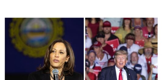 la vicepresidenta de EE.UU. Kamala Harris (i) y al expresidente Donald Trump