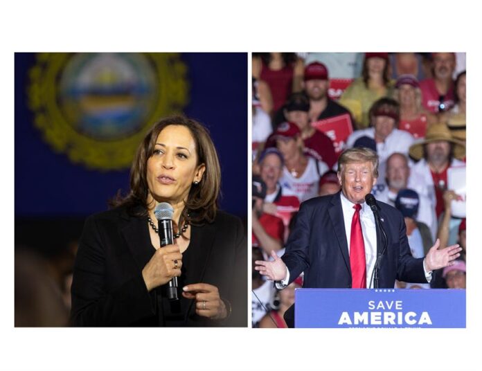 la vicepresidenta de EE.UU. Kamala Harris (i) y al expresidente Donald Trump