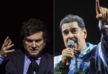 presidente de Argetina Javier Milei (i) y al presidente de Venezuela Nicolás Maduro