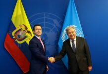 Noboa cancela agenda en Asamblea General de ONU y regresa a Ecuador para atender incendios Daniel Noboa (i), saludando al secretario general de las Naciones Unidas, António Guterres durante una reunión