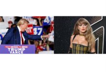 Donald Trump (i) en un mitin de campaña en la Expo en el World Market Center en Las Vegas el pasado viernes y la cantante Taylor Swift