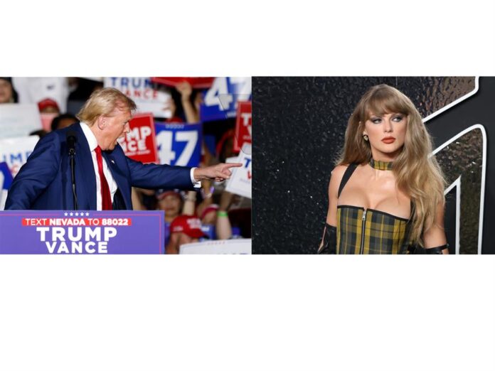 Donald Trump (i) en un mitin de campaña en la Expo en el World Market Center en Las Vegas el pasado viernes y la cantante Taylor Swift