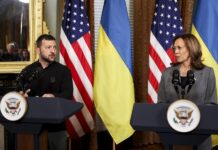 Kamala Harris (R), and Ukrainian President Volodymyr Zelensky
