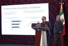 La secretaria de Seguridad y Protección Ciudadana, Rosa Icela Rodríguez, participa durante la conferencia de prensa