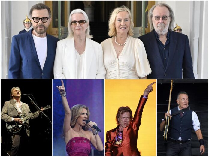 cuarteto sueco ABBA (arriba) y desde la izquierda (abajo), el músico Neil Youn, la cantante Celine Dion, el cantante de The Rolling Stones, Mick Jagger, y el cantante Bruce Springsteen