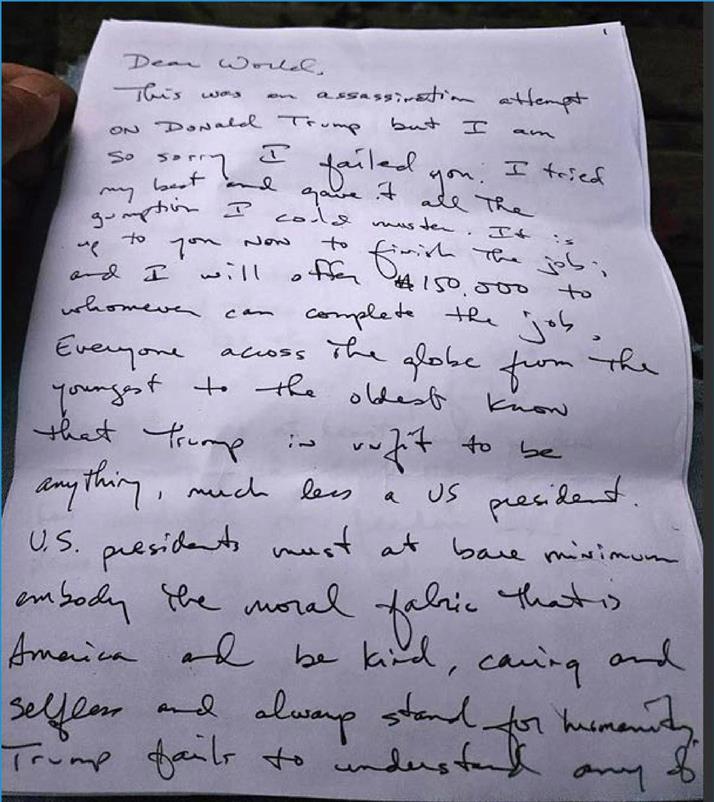  la carta en la que Ryan Routh, el sospechoso de intentar matar al expresidente Donald Trump, cuenta sus planes. 