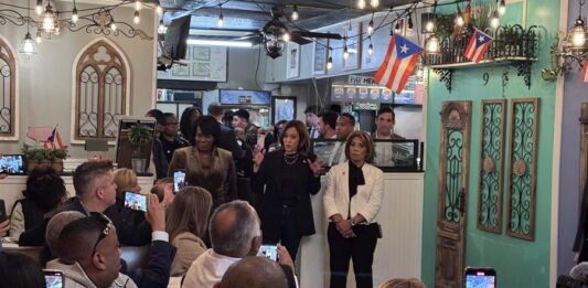 La vicepresidenta y candidata a las elecciones presidenciales de EE. UU., Kamala Harris, habla con simpatizantes (1)