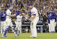 The Dodgers' Will Smith (L) and Blake Treinen