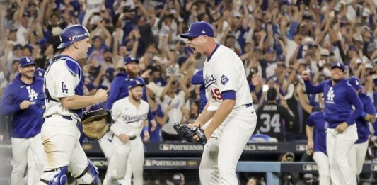 The Dodgers' Will Smith (L) and Blake Treinen