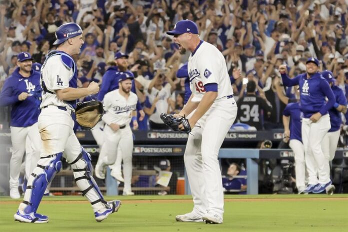 The Dodgers' Will Smith (L) and Blake Treinen