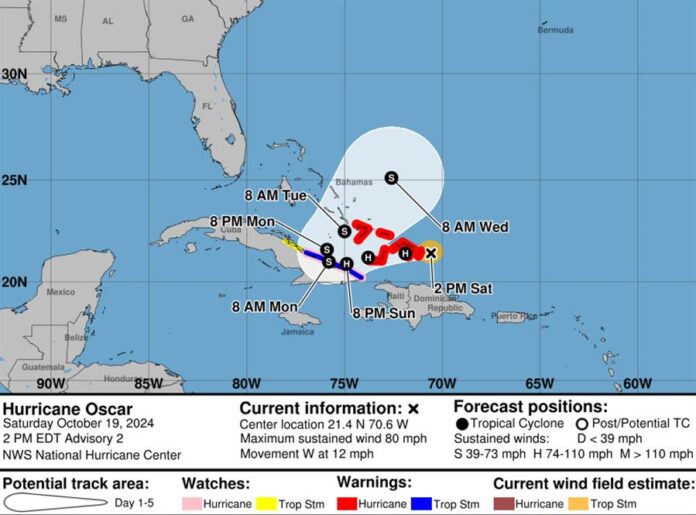 se muestra la localización de la tormenta tropical Oscar en el Atlántico.