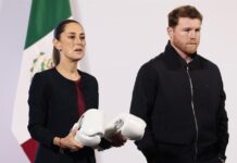 El boxeador mexicano Saúl ‘Canelo’ Álvarez entrega “guantes blancos de la paz” a Sheinbaum La presidenta de México, Claudia Sheinbaum (i), posa junto al boxeador mexicano Saúl 'Canelo' Álvarez