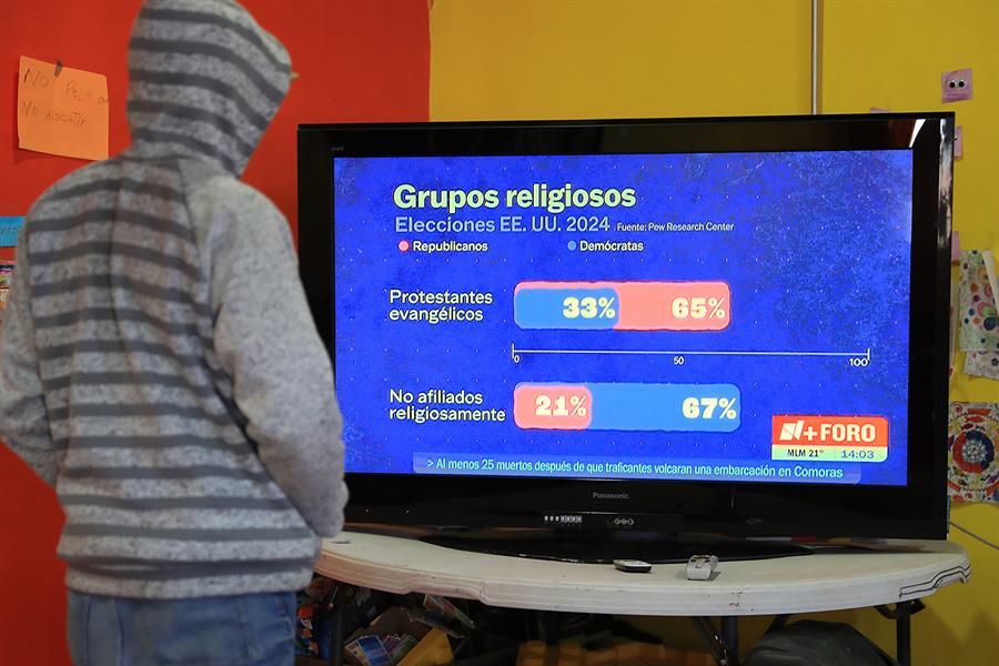 Un migrante observa por televisión el proceso de las elecciones en Estados Unidos