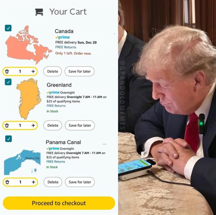 Donald Trump, junto a una imagen con varios mapas alusiva a la devolución de una compra en internet. Donald Trump