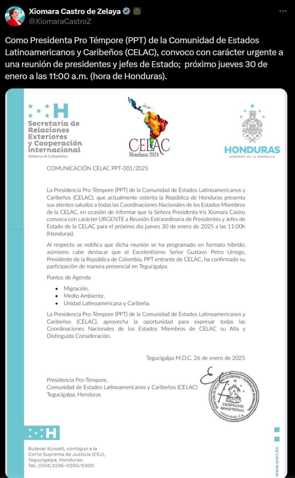 Captura de pantalla de la cuenta oficial en X de la presidenta de Honduras Xiomara Castro.