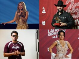 Shakira (i-arriba), el cantante mexicano Carín León (d-arriba), el artista puertorriqueño Myke Towers (i-abajo), y la cantante mexicana Becky G.
