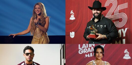Shakira (i-arriba), el cantante mexicano Carín León (d-arriba), el artista puertorriqueño Myke Towers (i-abajo), y la cantante mexicana Becky G.