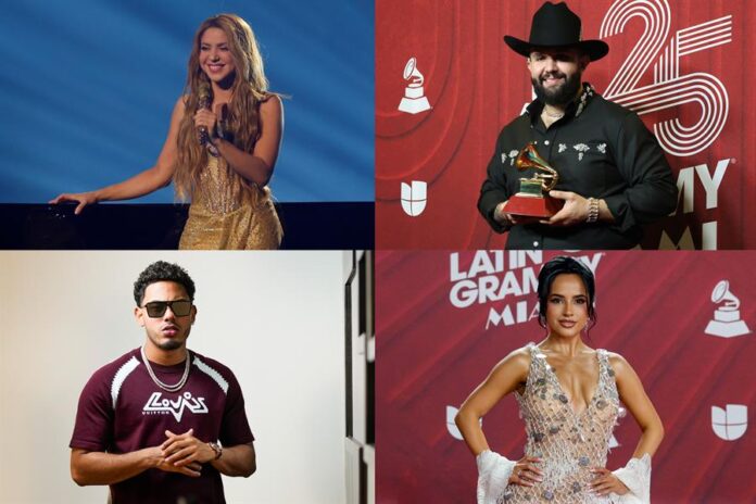 Shakira (i-arriba), el cantante mexicano Carín León (d-arriba), el artista puertorriqueño Myke Towers (i-abajo), y la cantante mexicana Becky G.