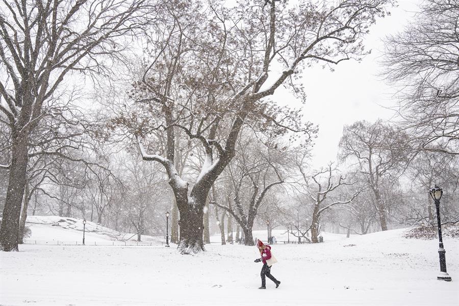 Una mujer camina durante una nevada este lunes, en el Central Park de Nueva York tormenta de nieve